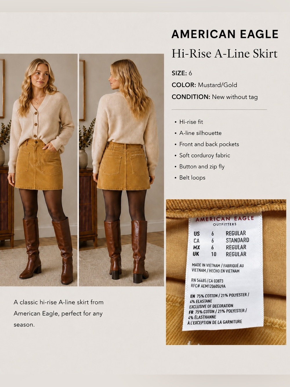 American Eagle Hi-Rise A-Line Corduroy Mini Skirt Mustard Gold Size 6 NWOT